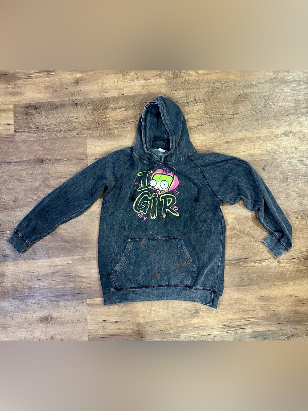 Invader Zim GIR Hoodie Nickelodeon Black Acid Wash Sweatshirt Size Large Unisex